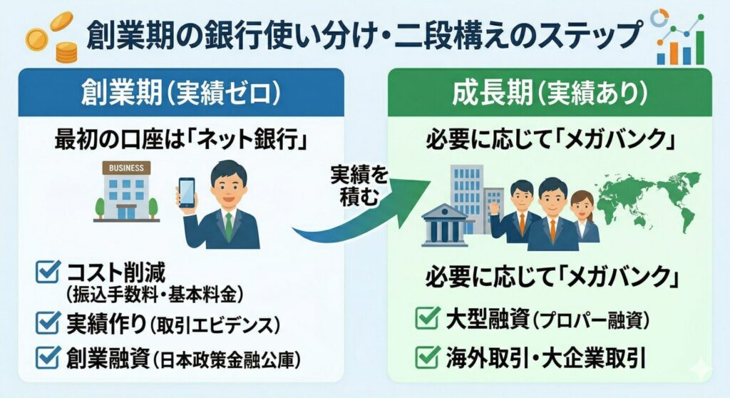 創業期の銀行使い分け・二段構えのステップ
